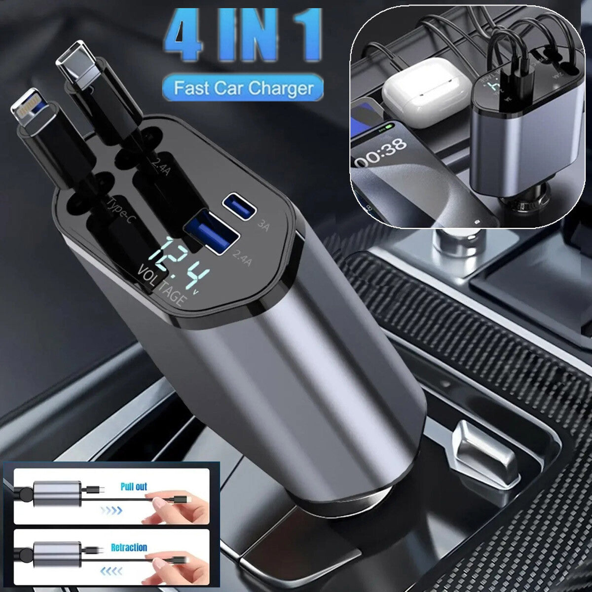 4-In-1 Retractable Car Charger
